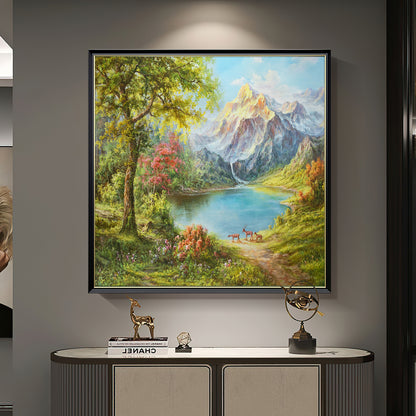 HIGHMAX Mountain Lake Deer Canvas 3D Wall Art Hand Oil Painting Natural Landscape Living Room Bedroom Decor Gift