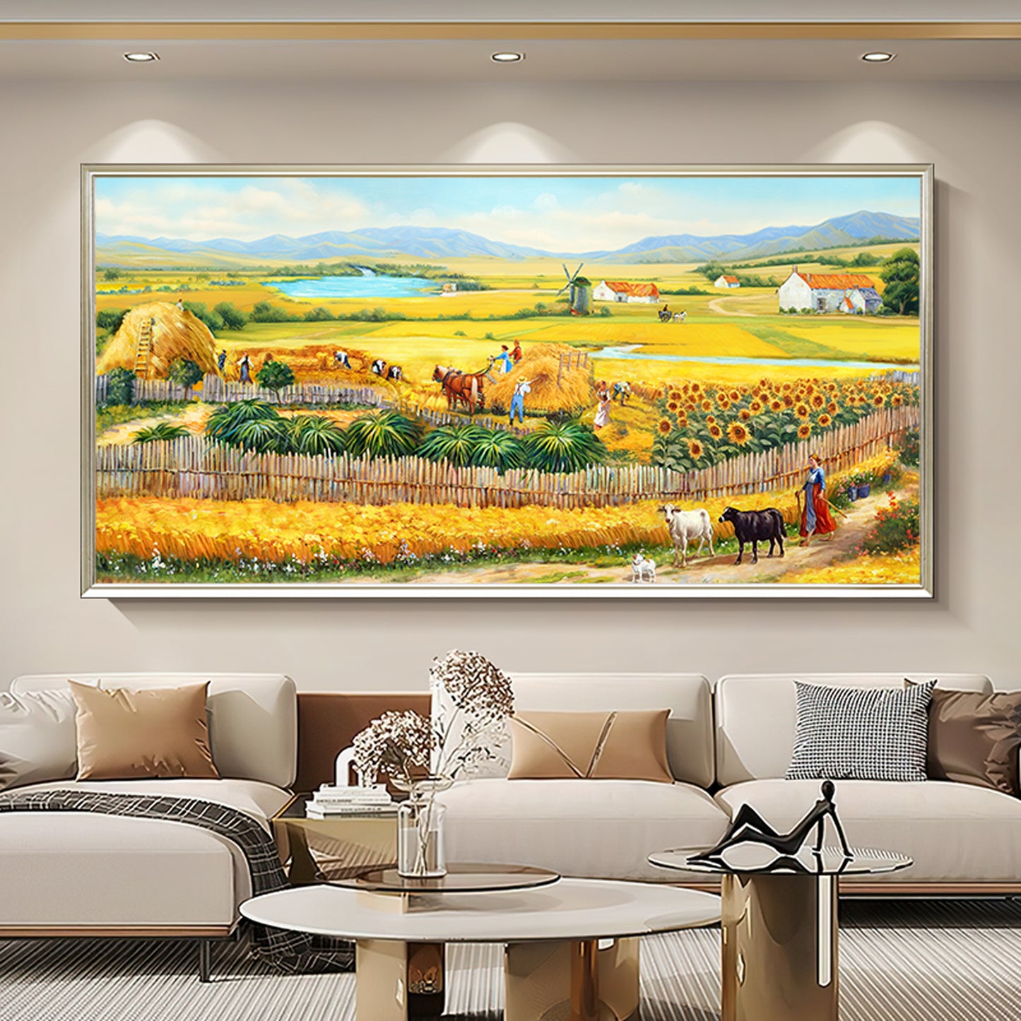 HIGHMAX The Harvest Countryside Oil Painting Rural Farmhouse Landscape Canvas Wall Art Golden Field Sunflower Hand Painted Pastoral Decor