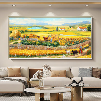 HIGHMAX The Harvest Countryside Oil Painting Rural Farmhouse Landscape Canvas Wall Art Golden Field Sunflower Hand Painted Pastoral Decor