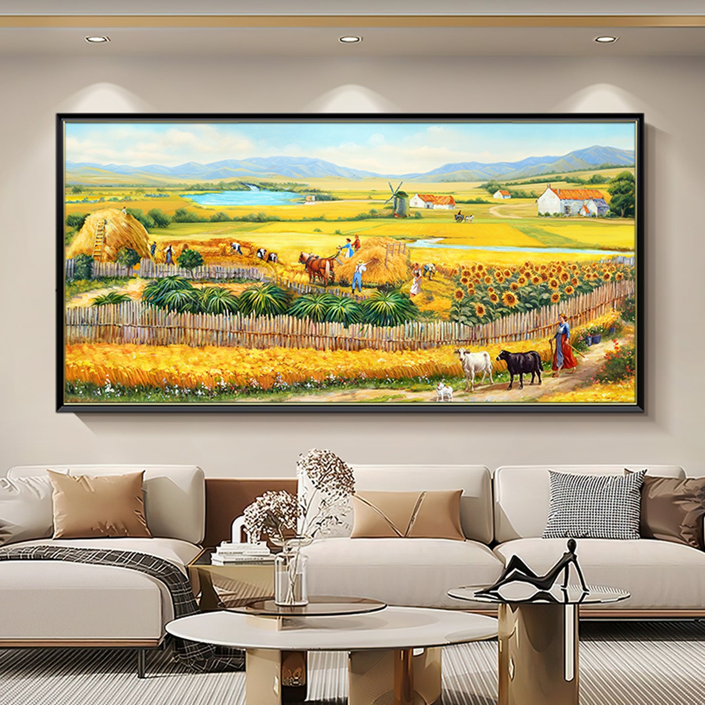 HIGHMAX The Harvest Countryside Oil Painting Rural Farmhouse Landscape Canvas Wall Art Golden Field Sunflower Hand Painted Pastoral Decor