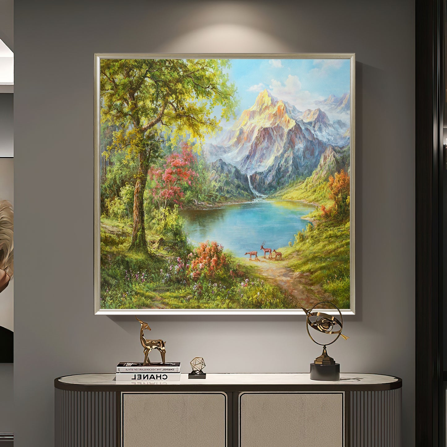HIGHMAX Mountain Lake Deer Canvas 3D Wall Art Hand Oil Painting Natural Landscape Living Room Bedroom Decor Gift