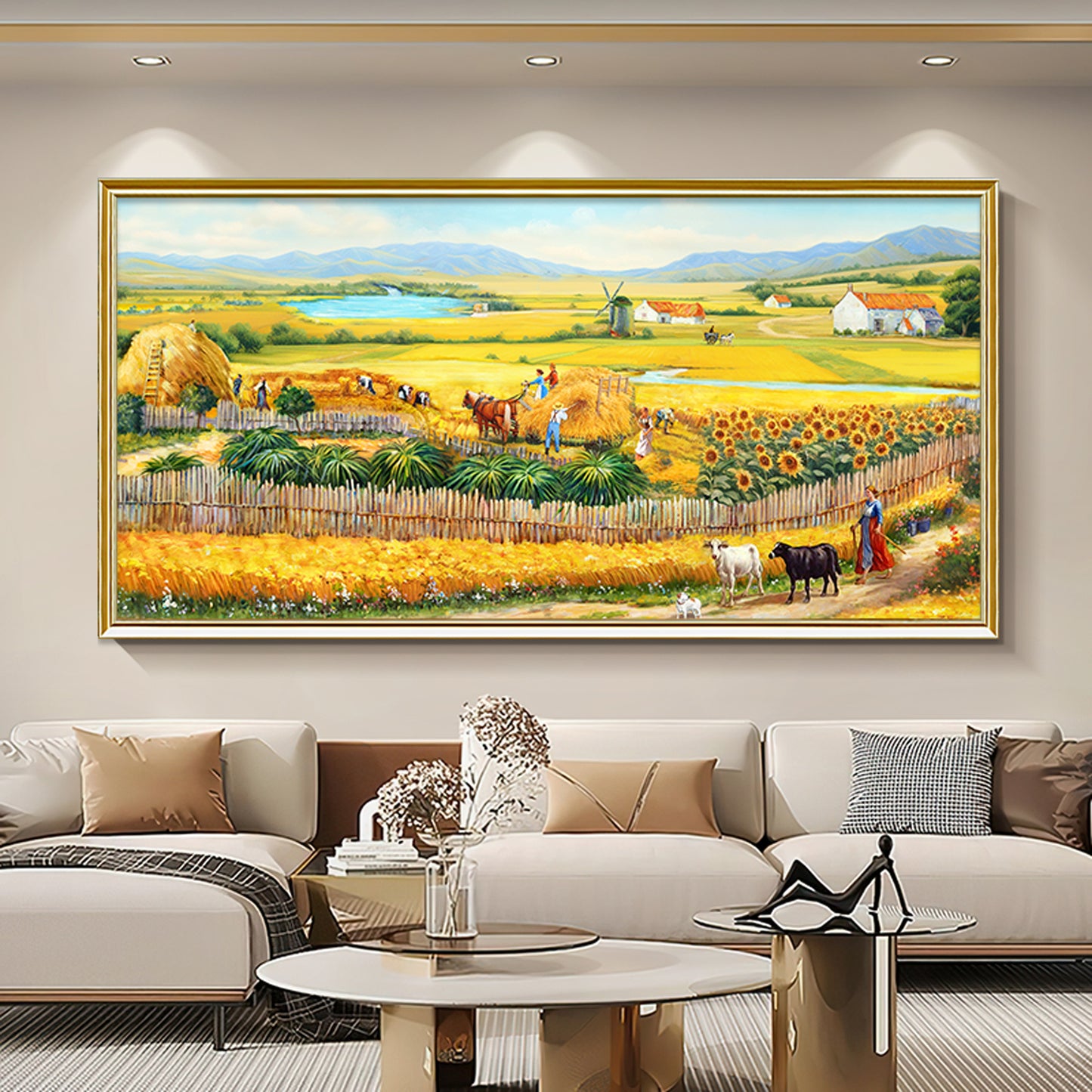 HIGHMAX The Harvest Countryside Oil Painting Rural Farmhouse Landscape Canvas Wall Art Golden Field Sunflower Hand Painted Pastoral Decor