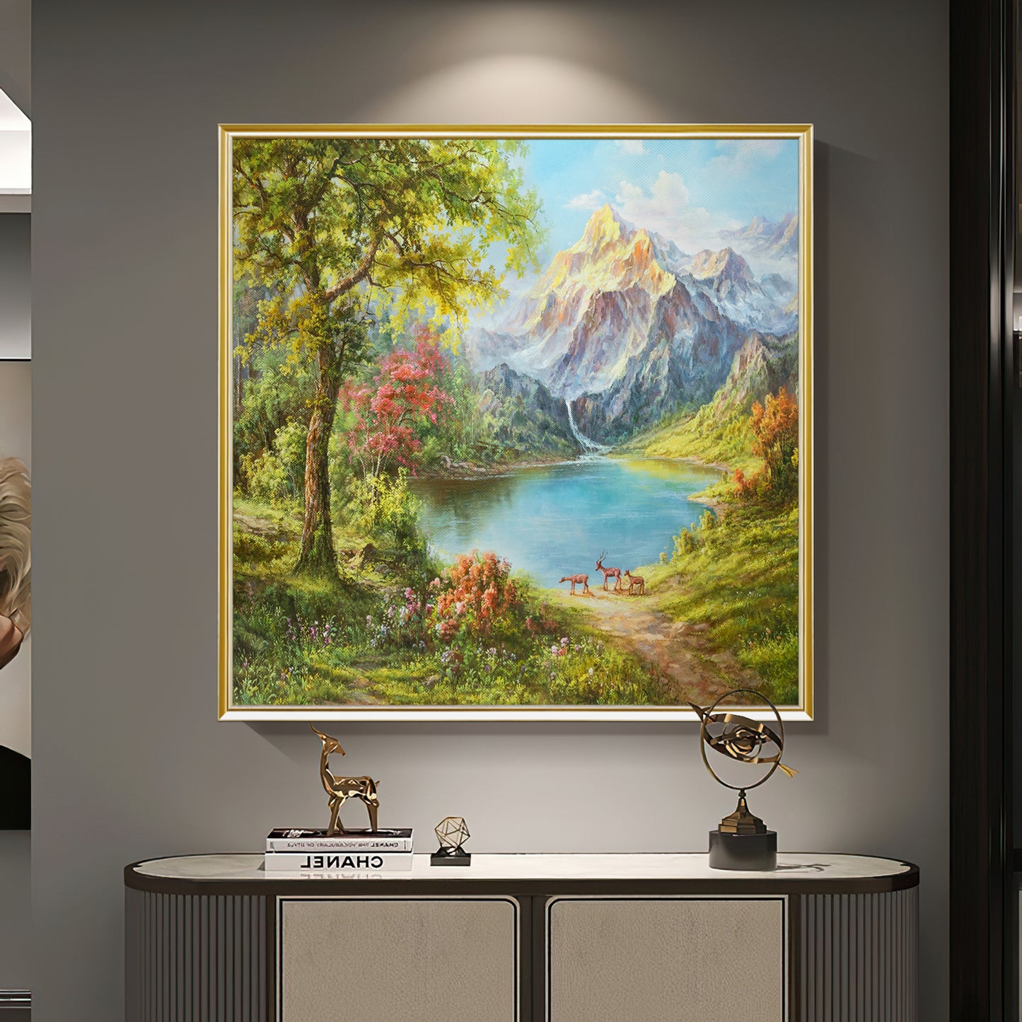 HIGHMAX Mountain Lake Deer Canvas 3D Wall Art Hand Oil Painting Natural Landscape Living Room Bedroom Decor Gift