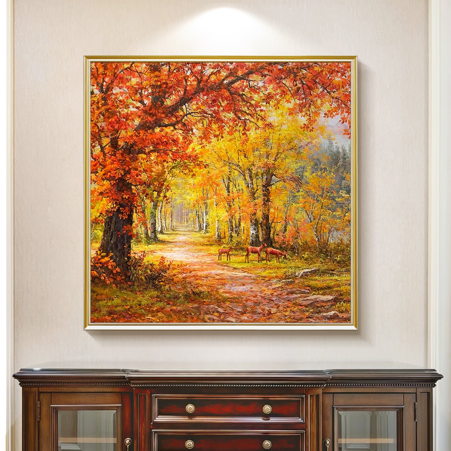 HIGHMAX Autumn Forest Deer Canvas 3D Wall Art Hand Oil Painting Fall Landscape Living Room Bedroom Decor Gift