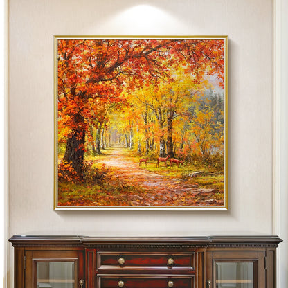 HIGHMAX Autumn Forest Deer Canvas 3D Wall Art Hand Oil Painting Fall Landscape Living Room Bedroom Decor Gift