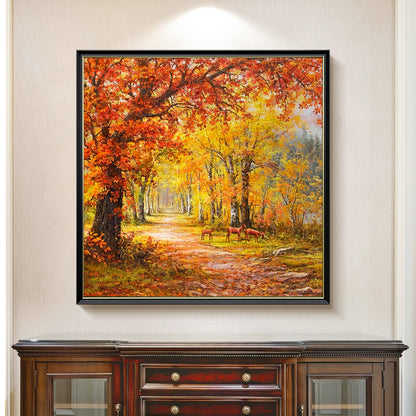 HIGHMAX Autumn Forest Deer Canvas 3D Wall Art Hand Oil Painting Fall Landscape Living Room Bedroom Decor Gift