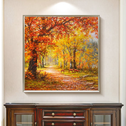 HIGHMAX Autumn Forest Deer Canvas 3D Wall Art Hand Oil Painting Fall Landscape Living Room Bedroom Decor Gift