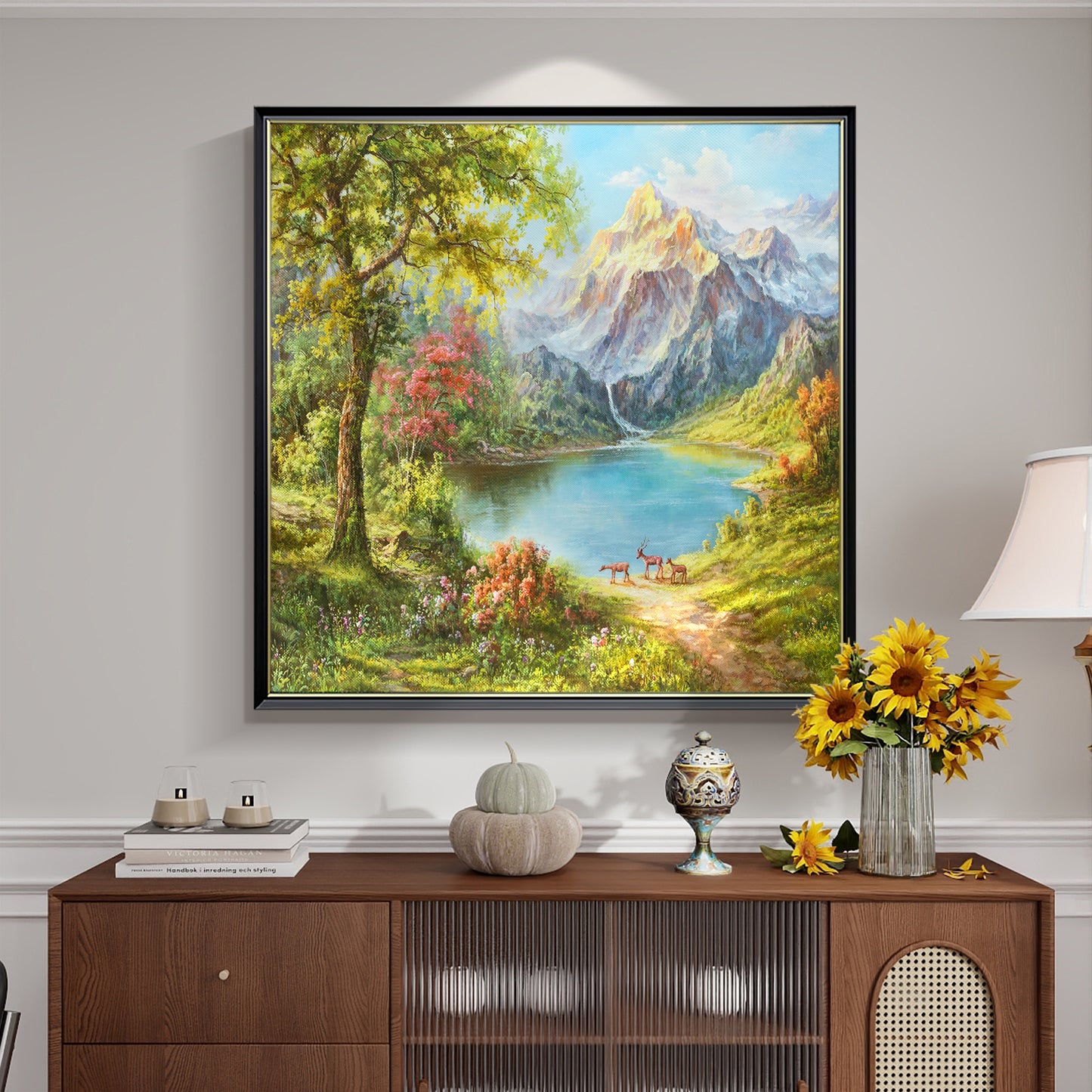 HIGHMAX Mountain Lake Deer Canvas 3D Wall Art Hand Oil Painting Natural Landscape Living Room Bedroom Decor Gift