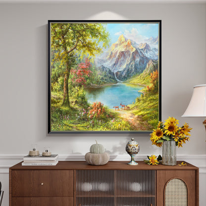 HIGHMAX Mountain Lake Deer Canvas 3D Wall Art Hand Oil Painting Natural Landscape Living Room Bedroom Decor Gift