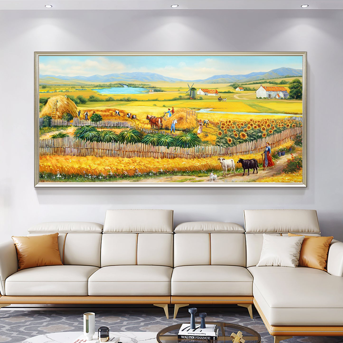 HIGHMAX The Harvest Countryside Oil Painting Rural Farmhouse Landscape Canvas Wall Art Golden Field Sunflower Hand Painted Pastoral Decor