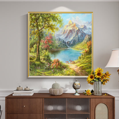 HIGHMAX Mountain Lake Deer Canvas 3D Wall Art Hand Oil Painting Natural Landscape Living Room Bedroom Decor Gift