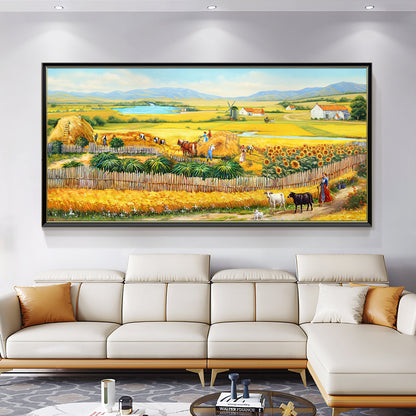 HIGHMAX The Harvest Countryside Oil Painting Rural Farmhouse Landscape Canvas Wall Art Golden Field Sunflower Hand Painted Pastoral Decor