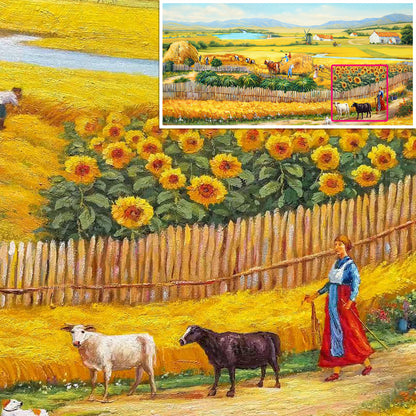 HIGHMAX The Harvest Countryside Oil Painting Rural Farmhouse Landscape Canvas Wall Art Golden Field Sunflower Hand Painted Pastoral Decor