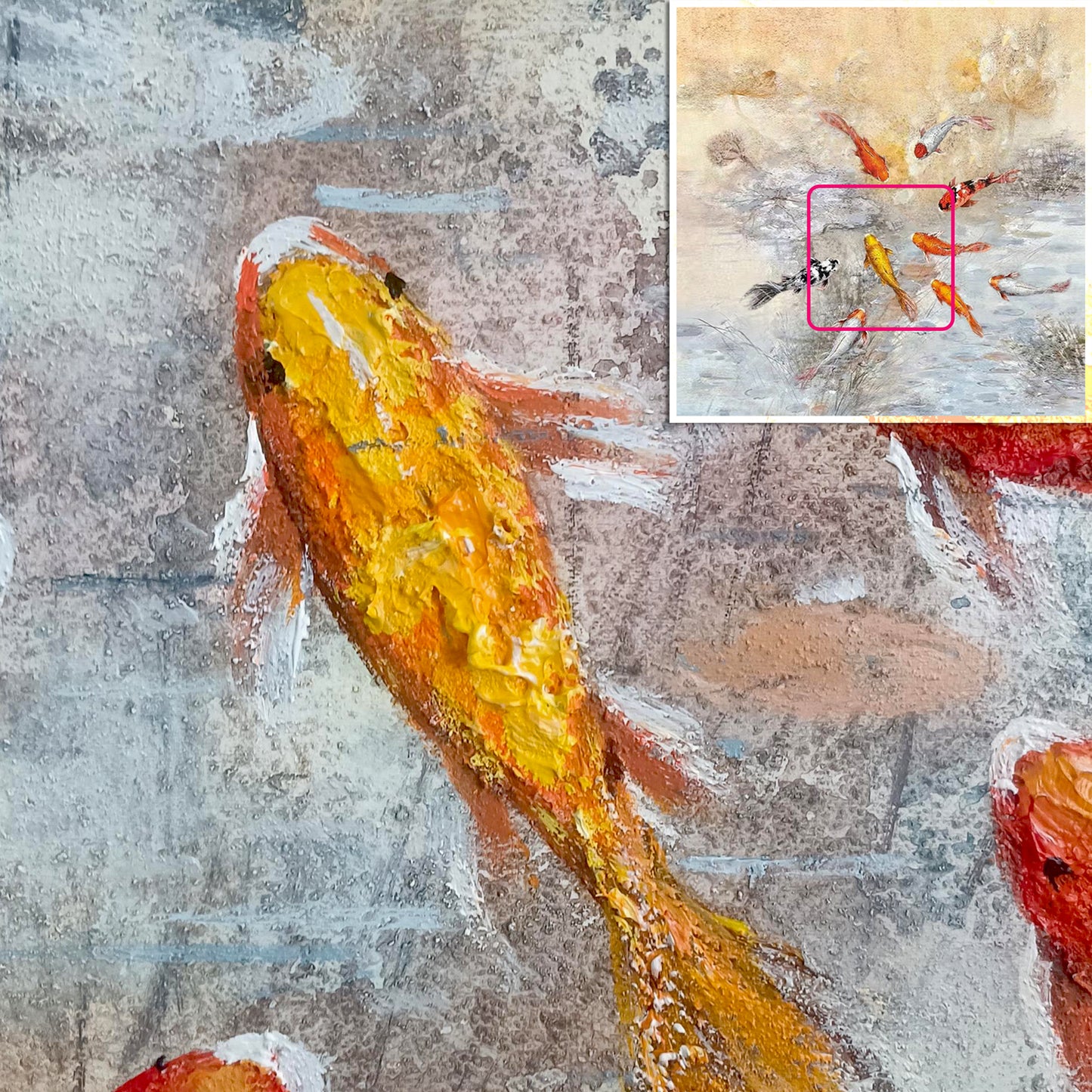 HIGHMAX Fish Pond Canvas 3D Wall Art Hand Oil Painting Oriental - Style Aquatic Scene Living Room Bedroom Decor Gift