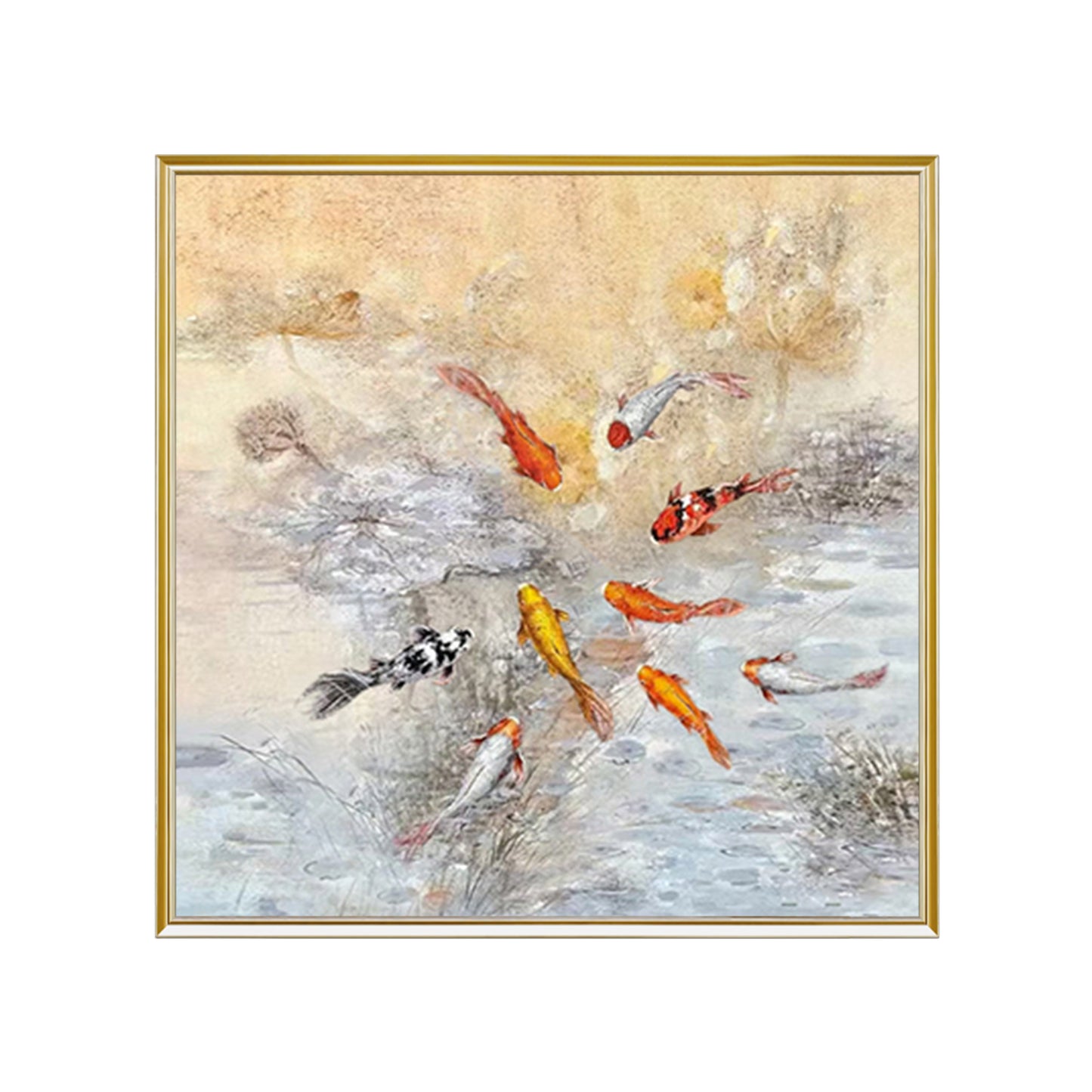 HIGHMAX Fish Pond Canvas 3D Wall Art Hand Oil Painting Oriental - Style Aquatic Scene Living Room Bedroom Decor Gift
