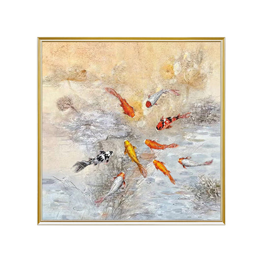 HIGHMAX Fish Pond Canvas 3D Wall Art Hand Oil Painting Oriental - Style Aquatic Scene Living Room Bedroom Decor Gift