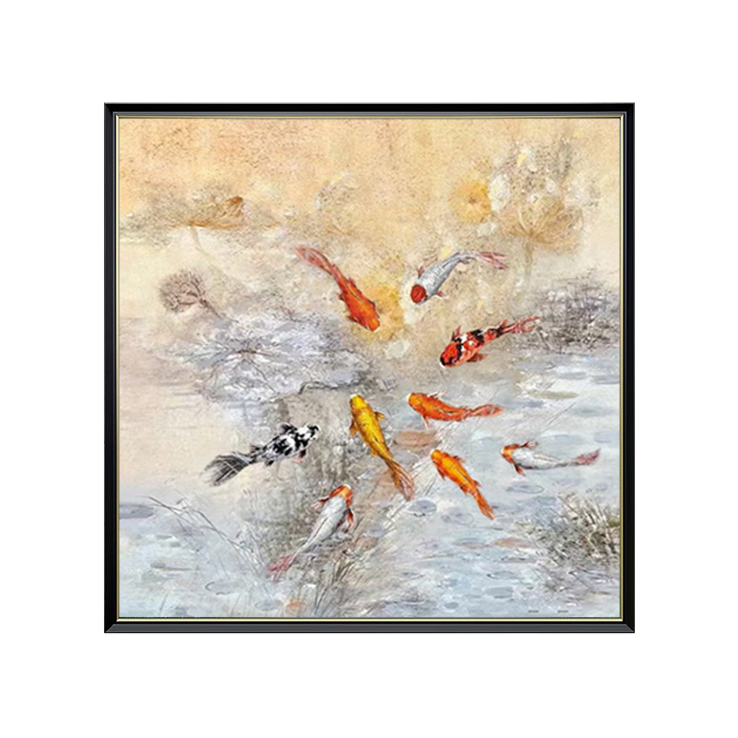 HIGHMAX Fish Pond Canvas 3D Wall Art Hand Oil Painting Oriental - Style Aquatic Scene Living Room Bedroom Decor Gift