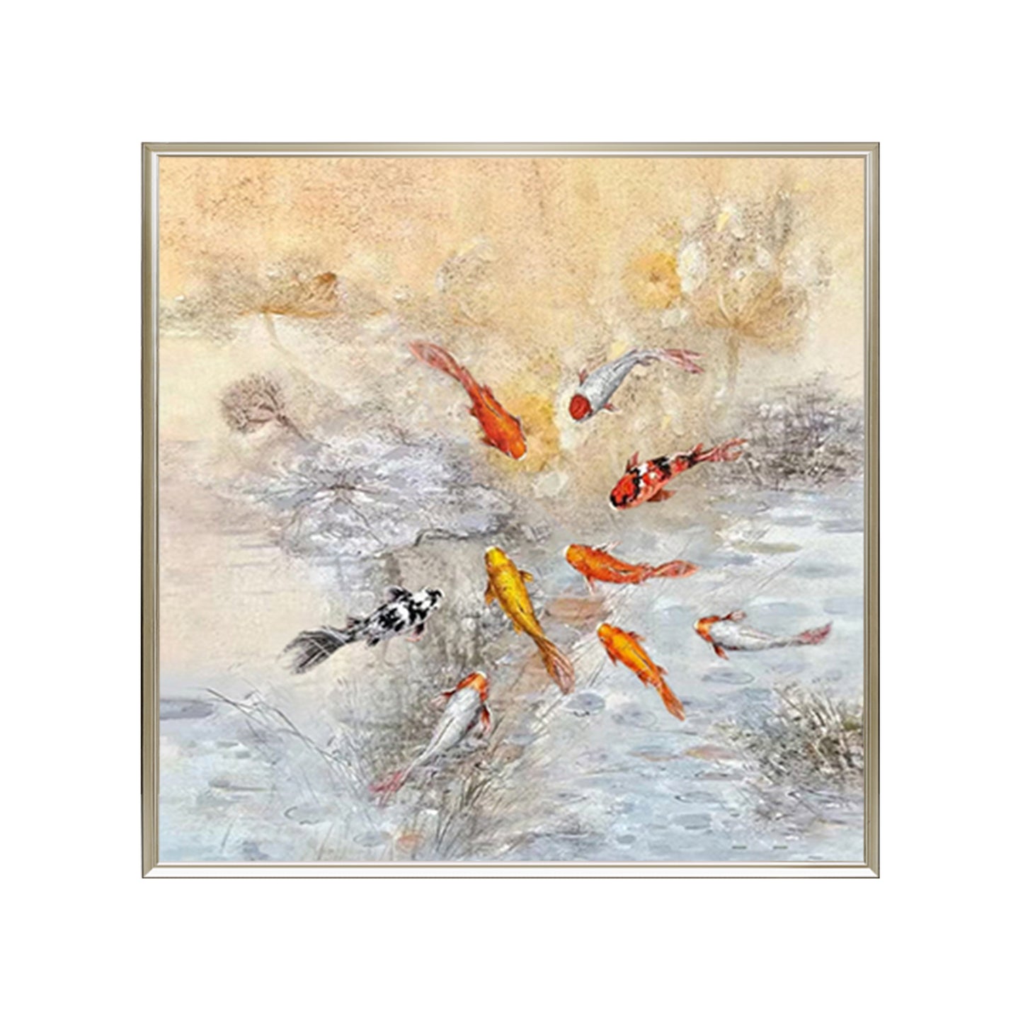 HIGHMAX Fish Pond Canvas 3D Wall Art Hand Oil Painting Oriental - Style Aquatic Scene Living Room Bedroom Decor Gift