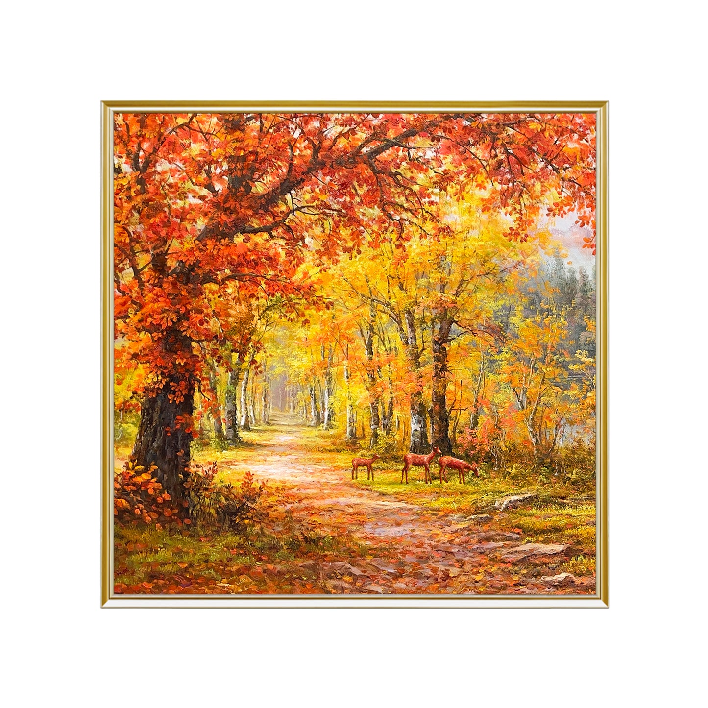 HIGHMAX Autumn Forest Deer Canvas 3D Wall Art Hand Oil Painting Fall Landscape Living Room Bedroom Decor Gift